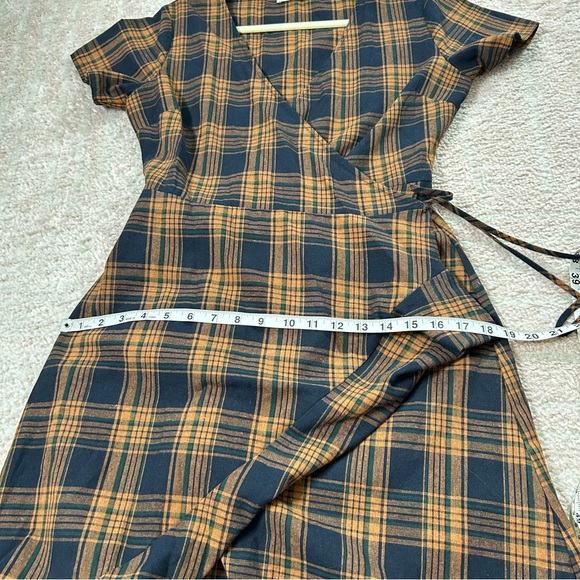 Stelen Cotton Plaid Wrap Dress Orange Navy Green Fall Plaid Size Med Ruffle Hem - Picture 8 of 9